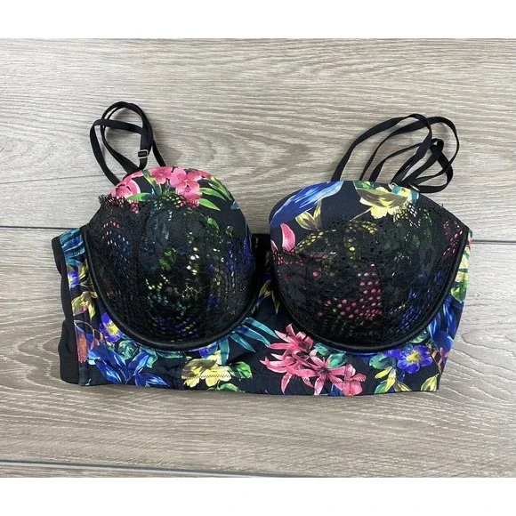 Cacique Women's Longline Multi-way Bra Floral Tropical Print Black Size 40 D - Picture 2 of 5